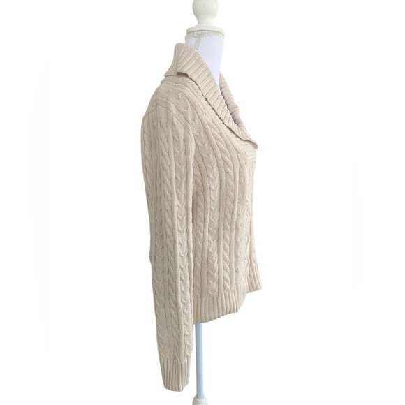 Jeanne Pierre Cotton Cable Knit Shawl Collar Fisherman Sweater Cream Ivory M - Picture 4 of 6